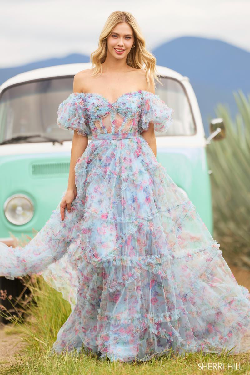 Sherri Hill Floral Print Ruffle Dress 55541 - Image 12