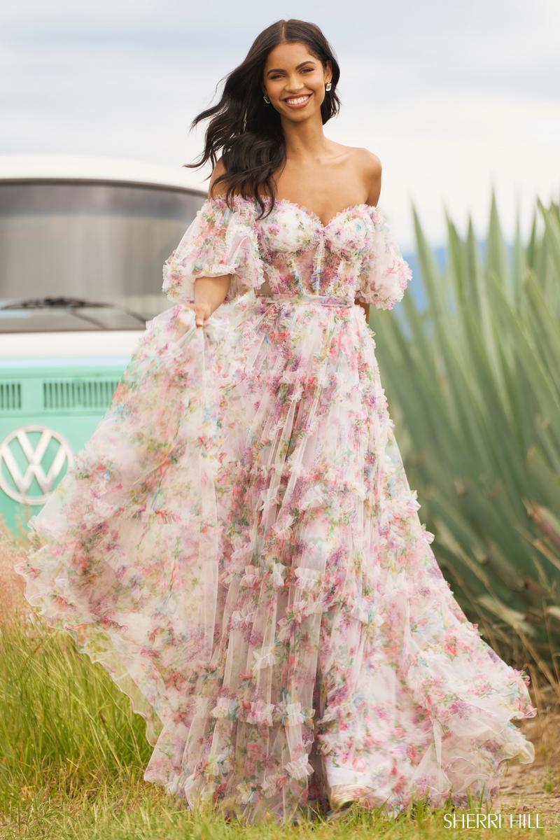 Sherri Hill Floral Print Ruffle Dress 55541 - Image 14