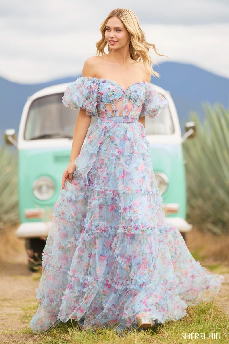 Sherri Hill Floral Print Ruffle Dress 55541 - Image 15