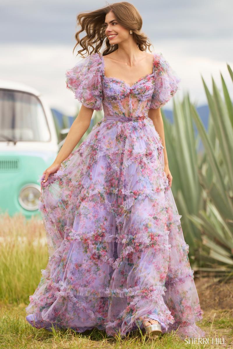 Sherri Hill Floral Print Ruffle Dress 55541 - Image 19