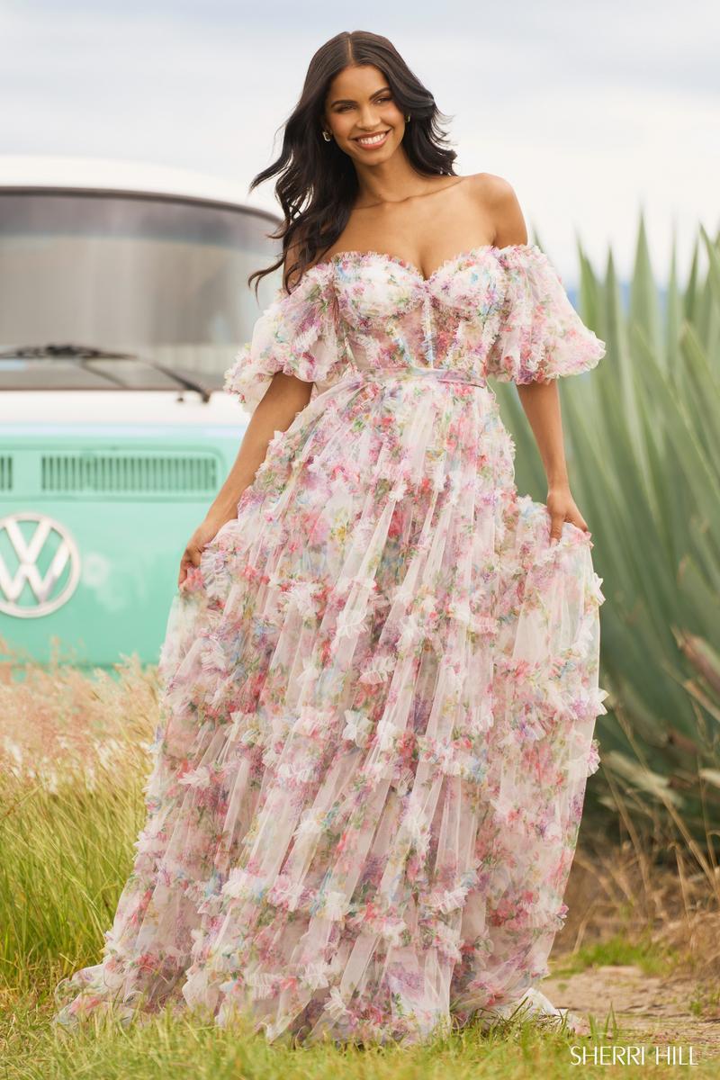Sherri Hill Floral Print Ruffle Dress 55541 - Image 6