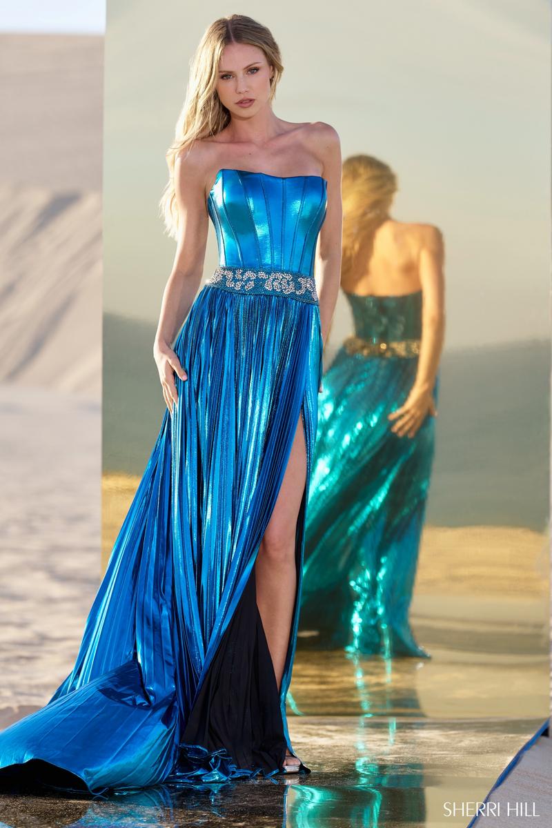 Sherri Hill Metallic Pleated Prom Dress 56522 - Image 3