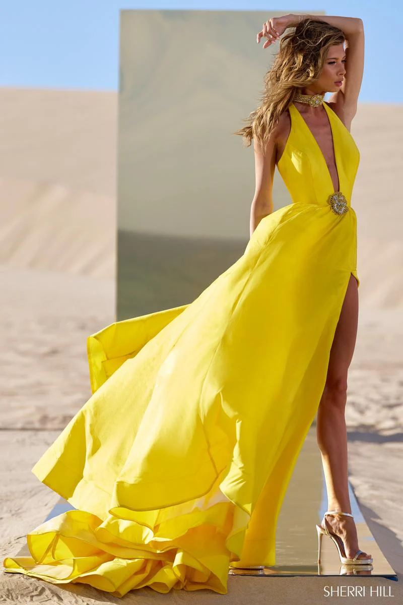 Sherri Hill Plunging Halter Gown with Rosette 56728 - Image 2