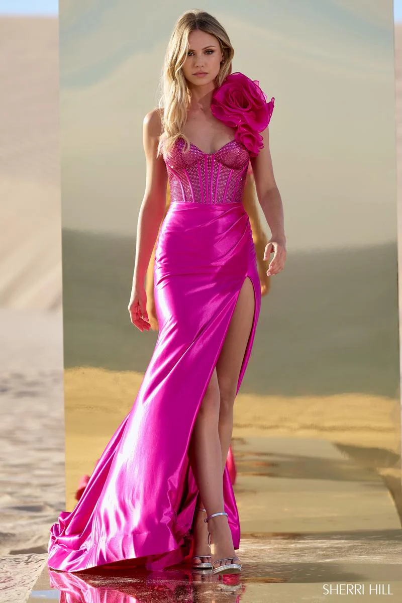 Sherri Hill 3D Floral One Shoulder Corset Gown 56764 - Image 3