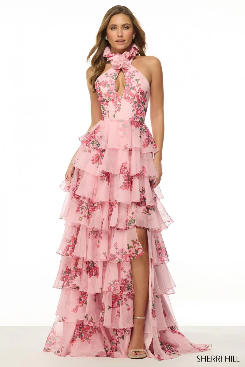 Sherri Hill Halter Pink Print Prom Dress 57251