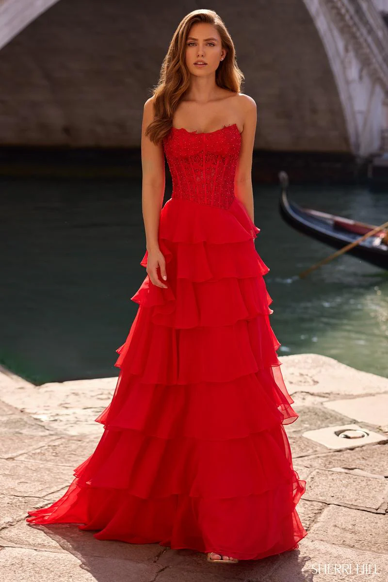 Sherri Hill Ruffle Lace Long Prom Dress 57336
