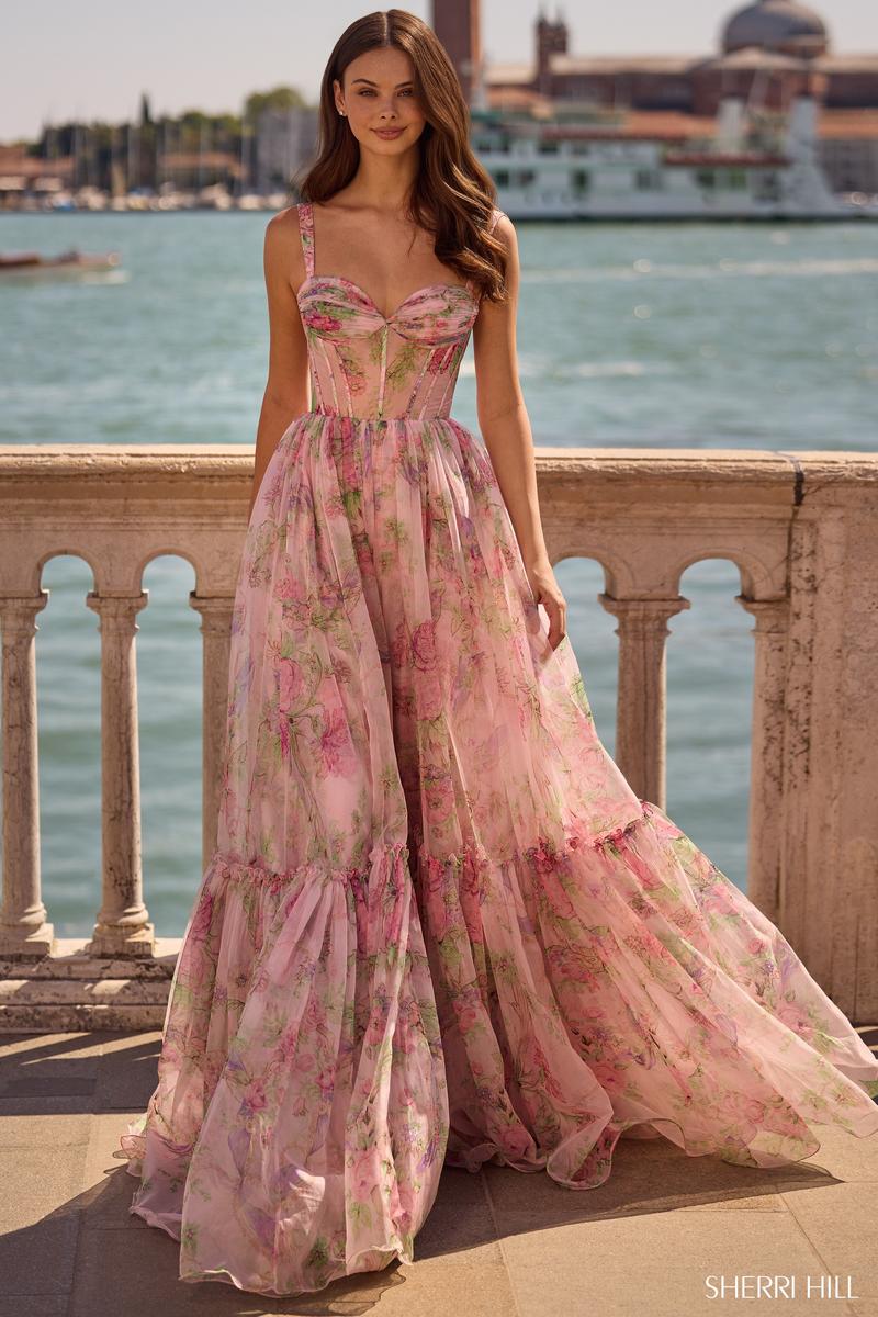 Sherri Hill Illusion Floral Print Prom Dress 57628 - Image 3