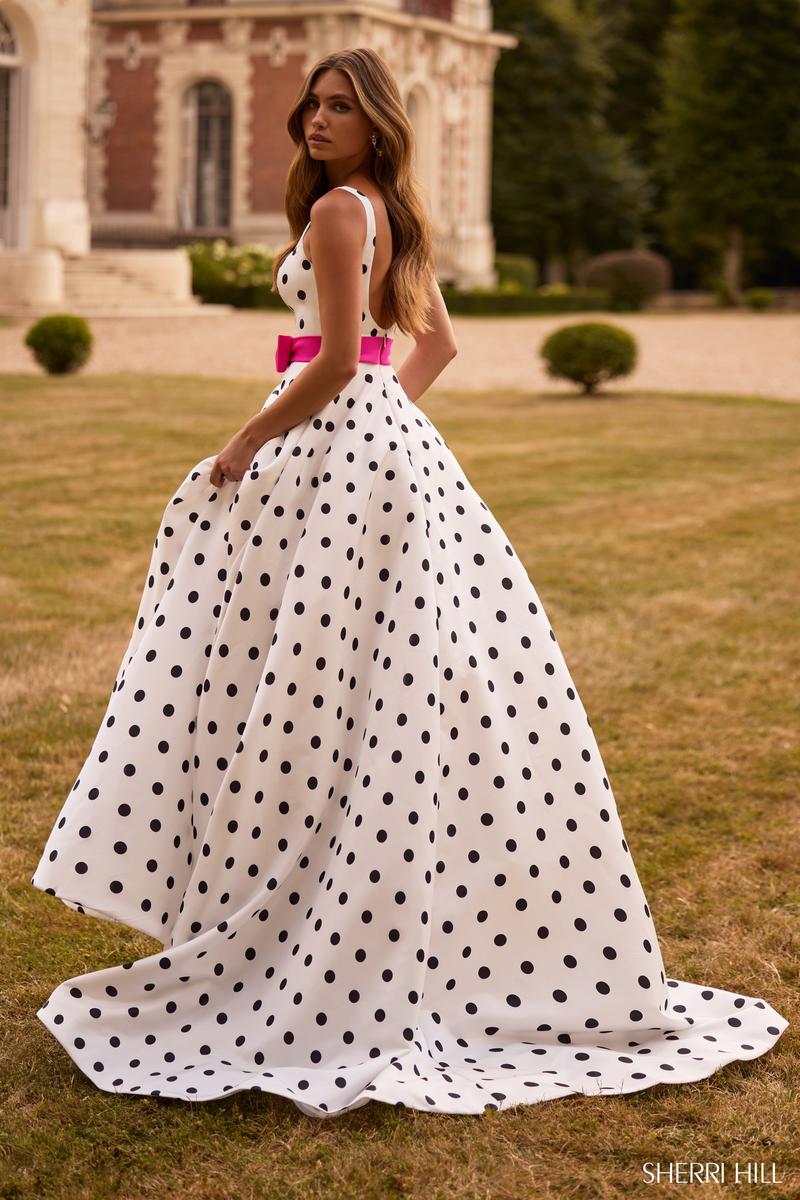 Sherri Hill Polka Dot Ball Gown with Bow 57748 - Image 2