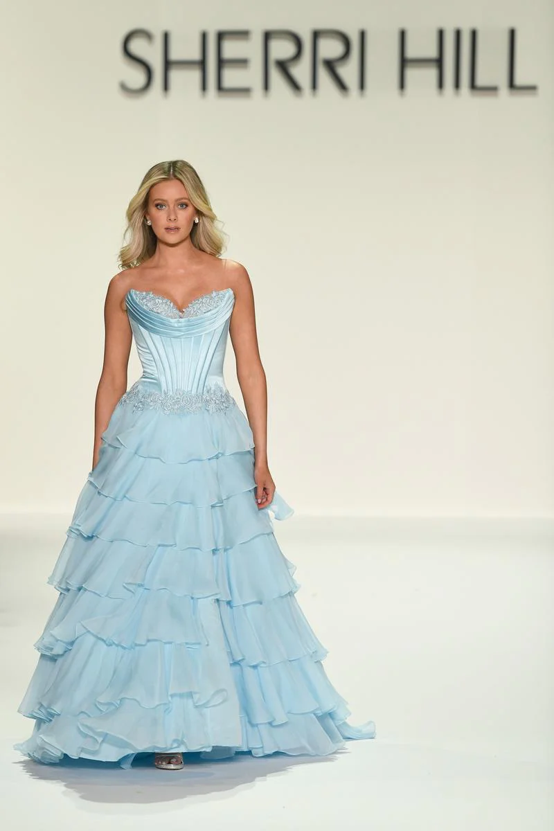 Sherri Hill Lace Detail Corset Ruffle Prom Dress 57868