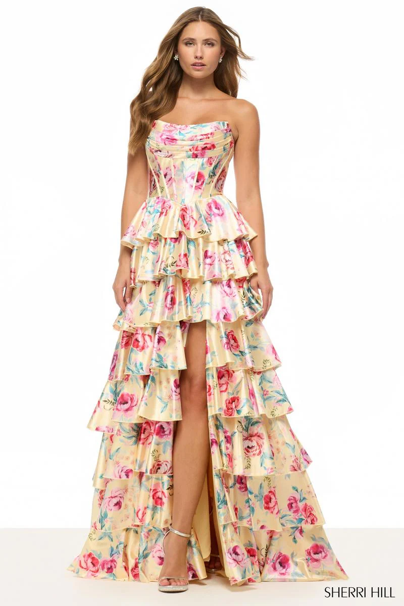 Sherri Hill Floral Print Corset Prom Dress 57875 - Image 3