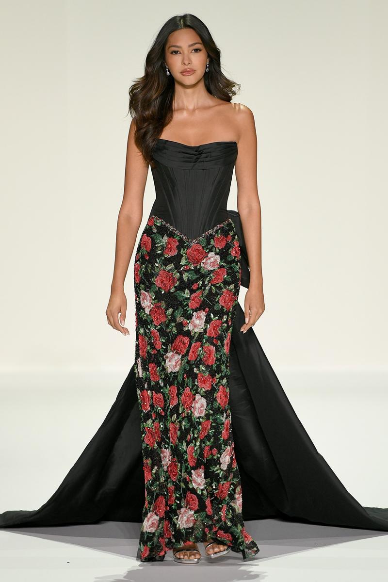 Sherri Hill Floral Print Corset Bow Prom Dress 67204