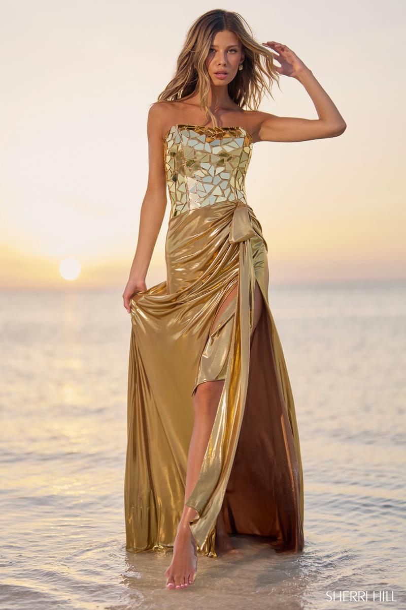 Sherri Hill Strapless Cut Glass Metallic Prom Dress 56094 - Image 5