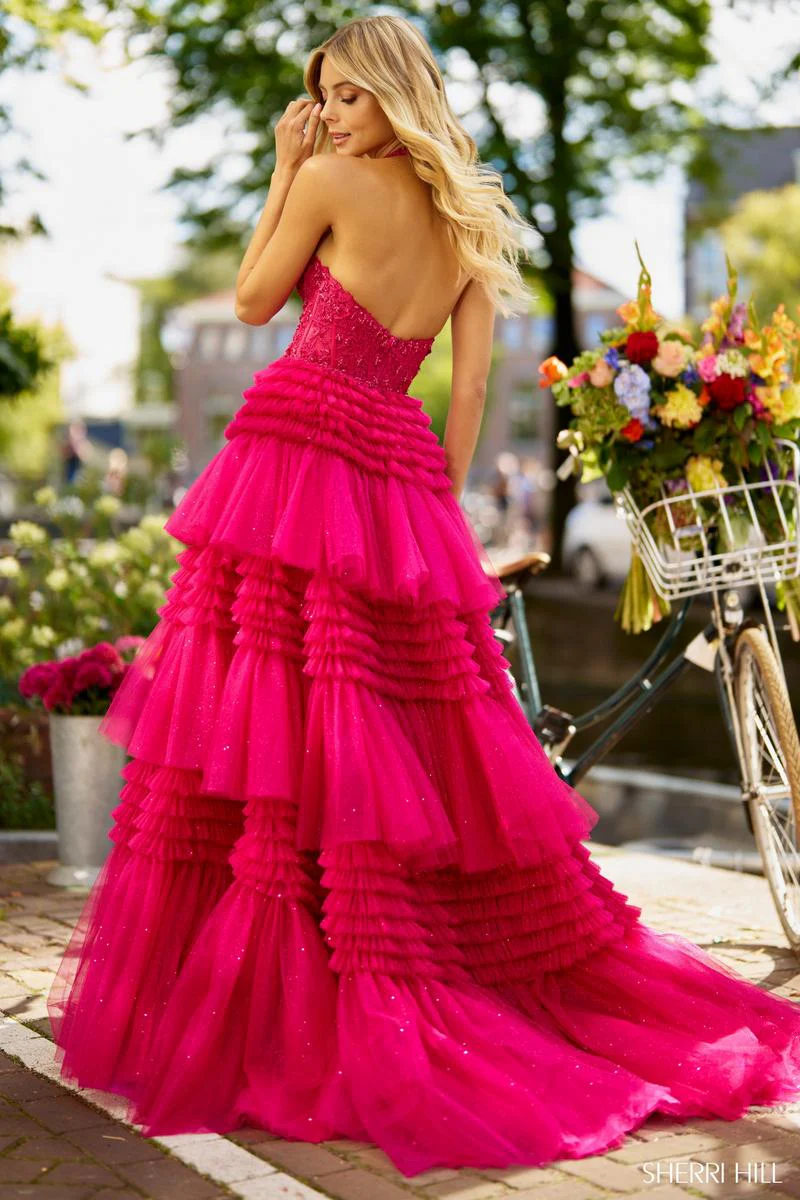 Sherri Hill Tulle Ruffle Halter Prom Dress 56206 - Image 2