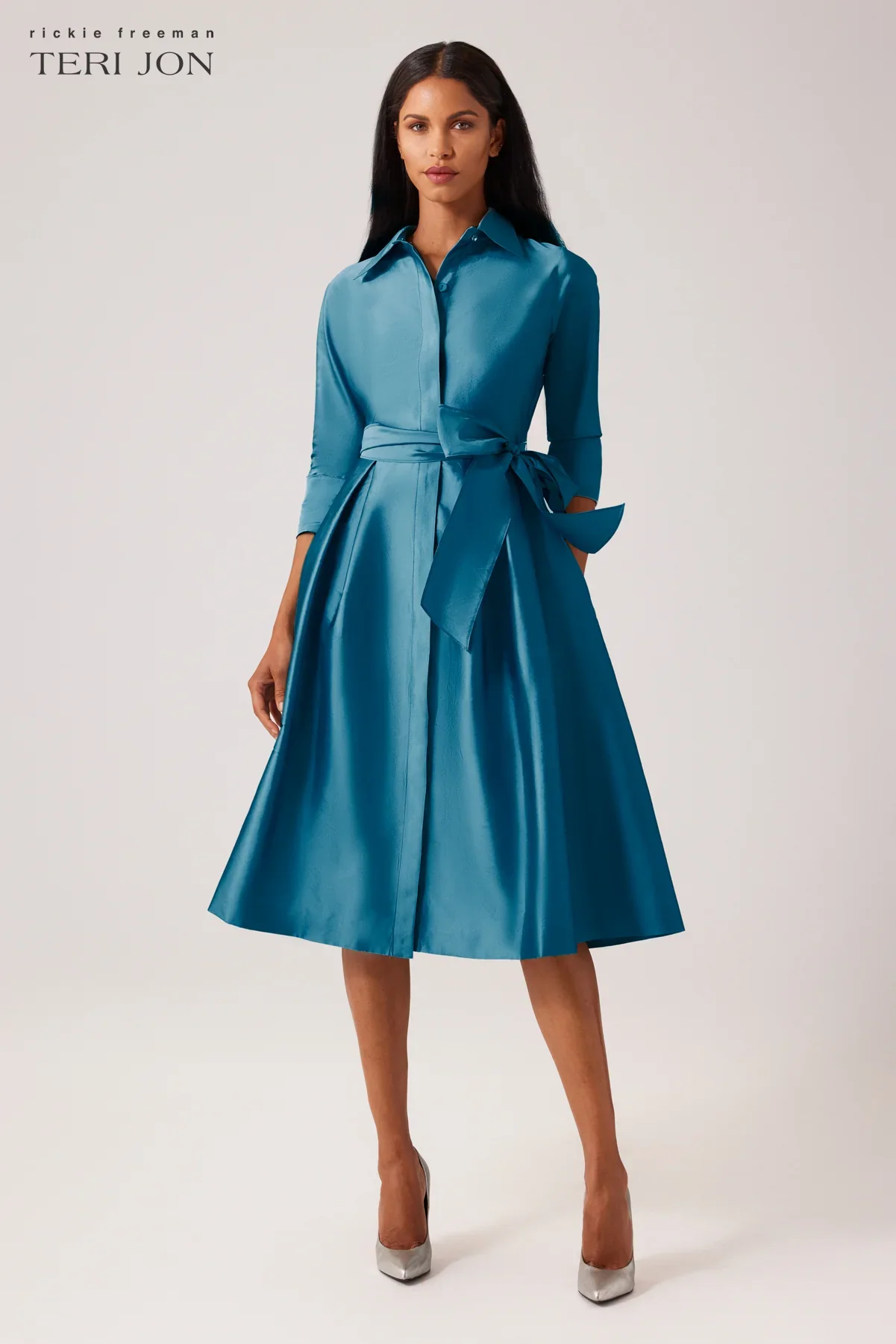 Teri Jon 3/4 Sleeve Belted Taffeta Shirtdress 69224 - Image 10