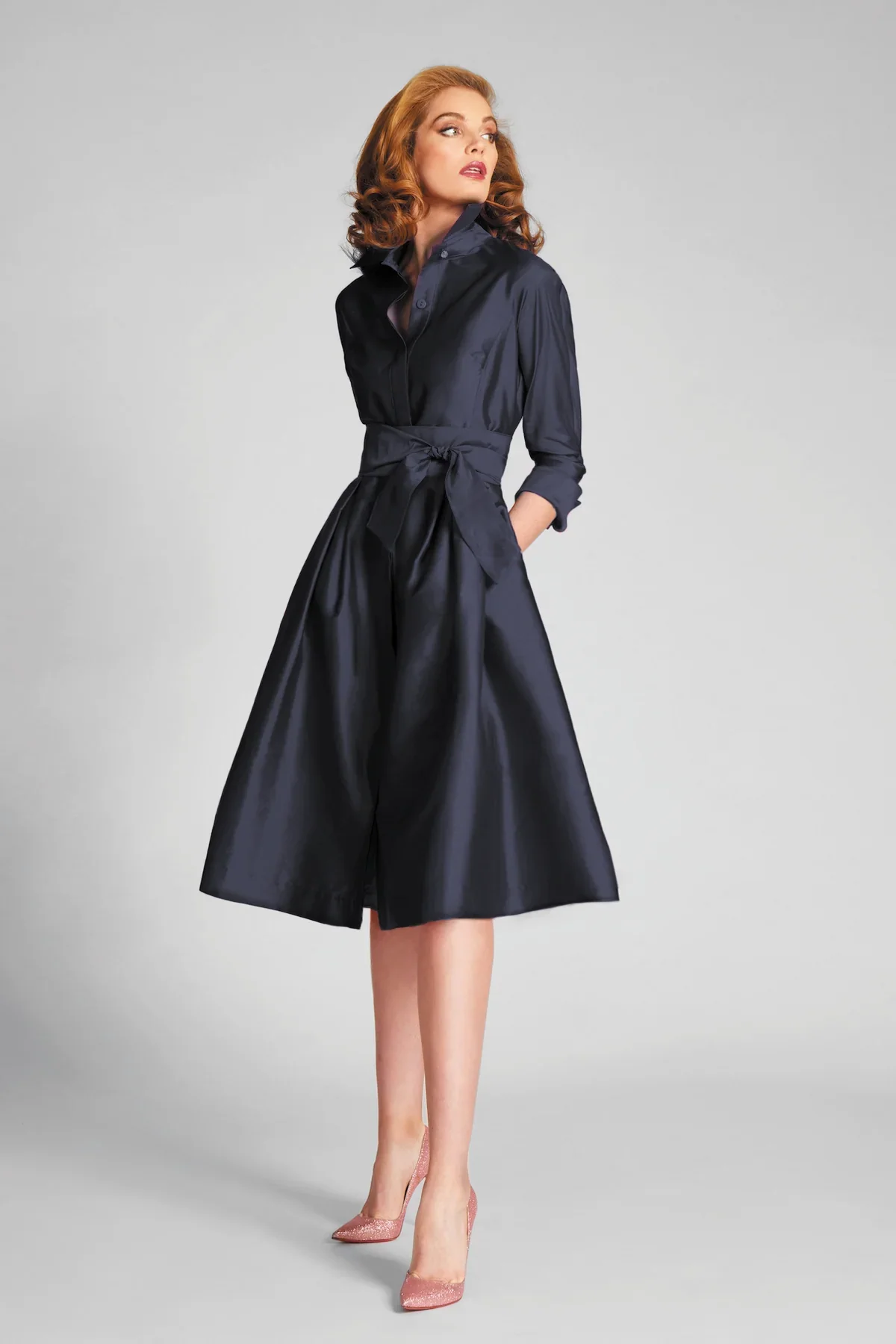 Teri Jon 3/4 Sleeve Belted Taffeta Shirtdress 69224 - Image 2