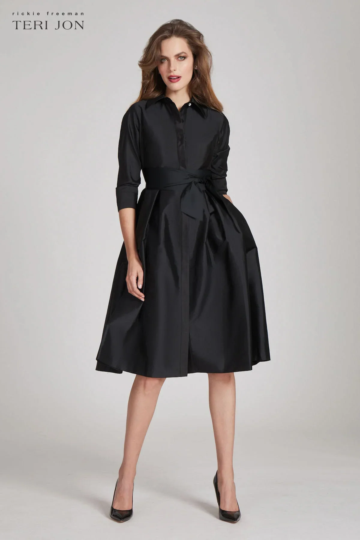 Teri Jon 3/4 Sleeve Belted Taffeta Shirtdress 69224 - Image 3