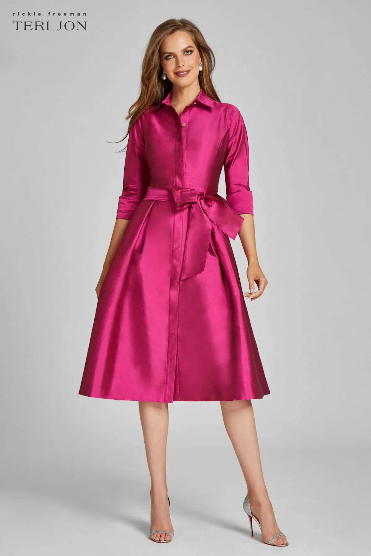 Teri Jon 3/4 Sleeve Belted Taffeta Shirtdress 69224 - Image 5