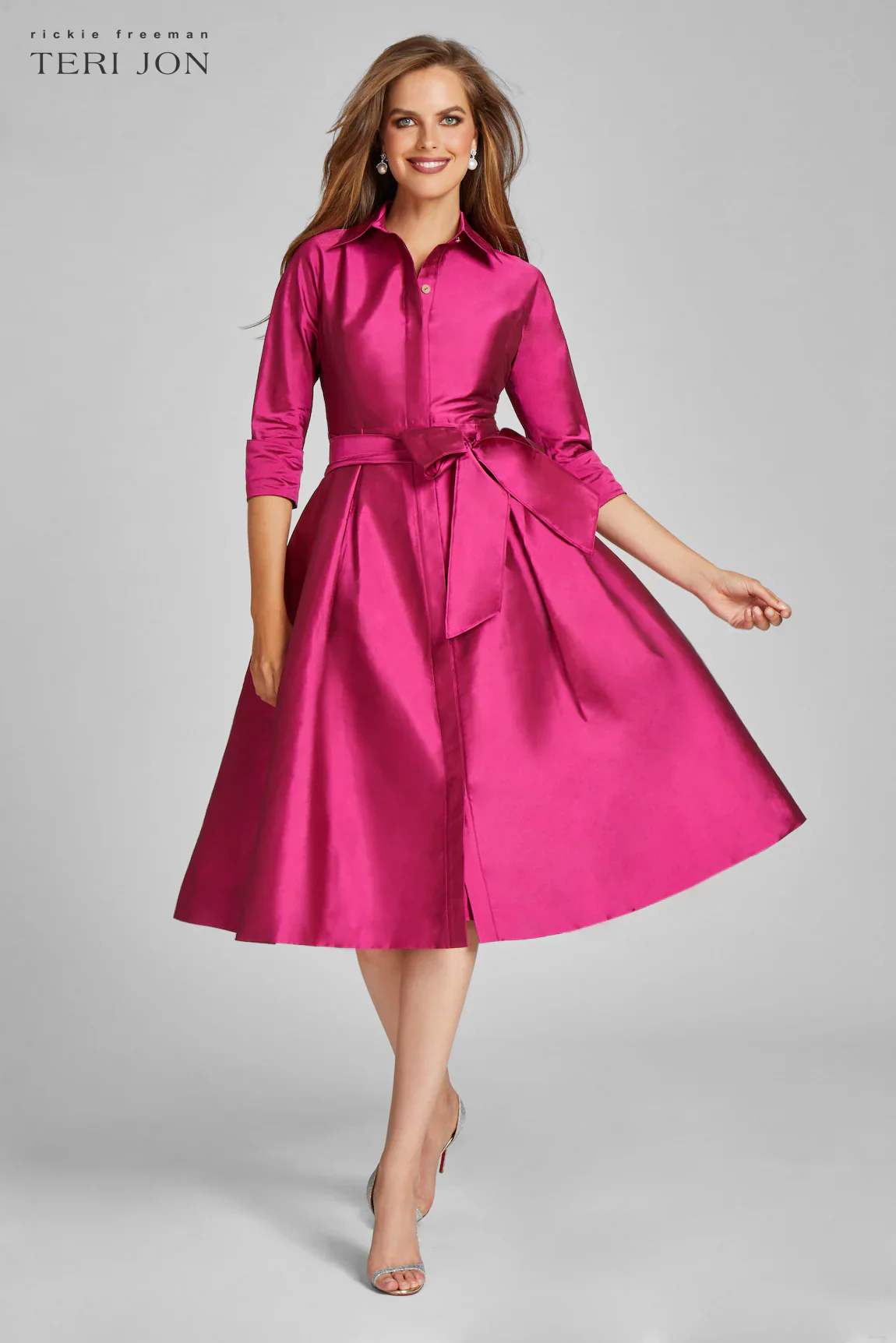 Teri Jon 3/4 Sleeve Belted Taffeta Shirtdress 69224 - Image 6