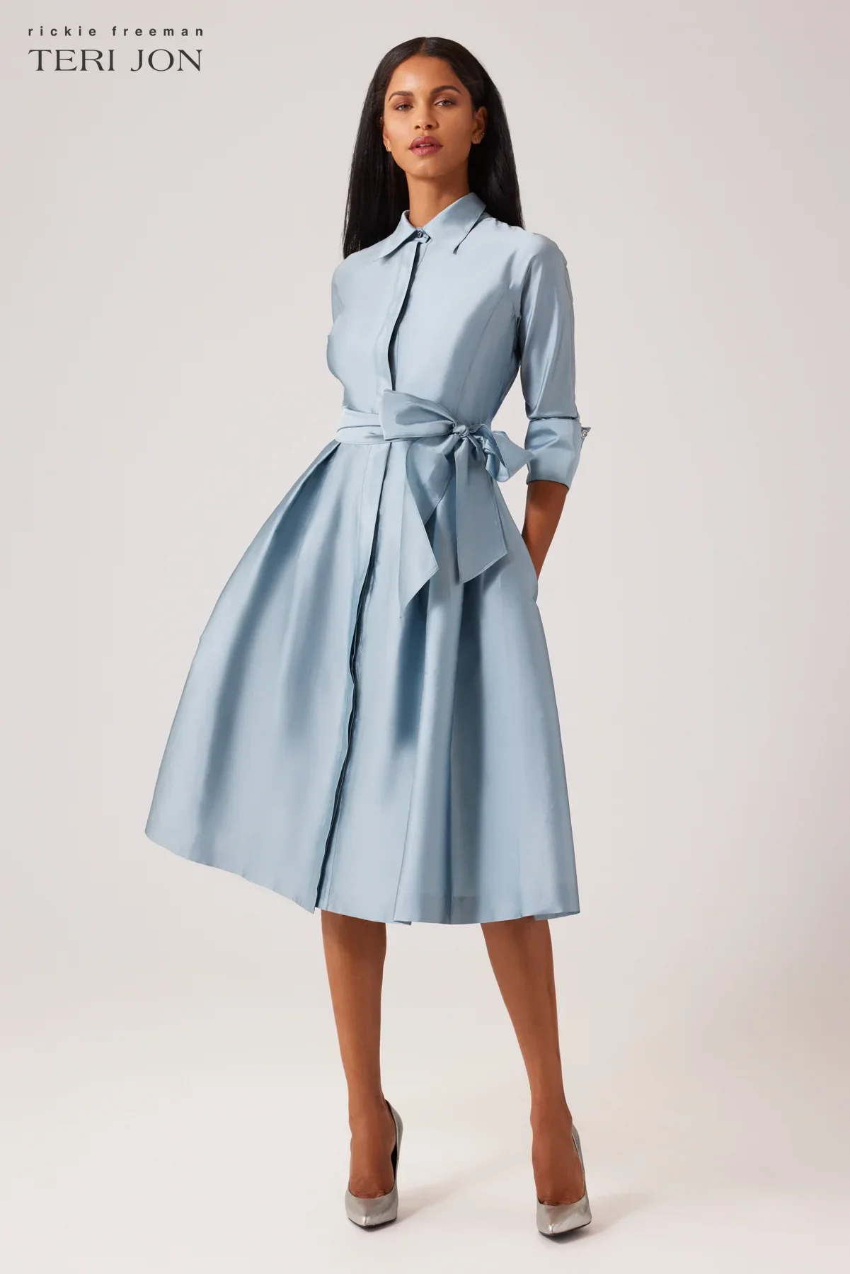 Teri Jon 3/4 Sleeve Belted Taffeta Shirtdress 69224 - Image 8