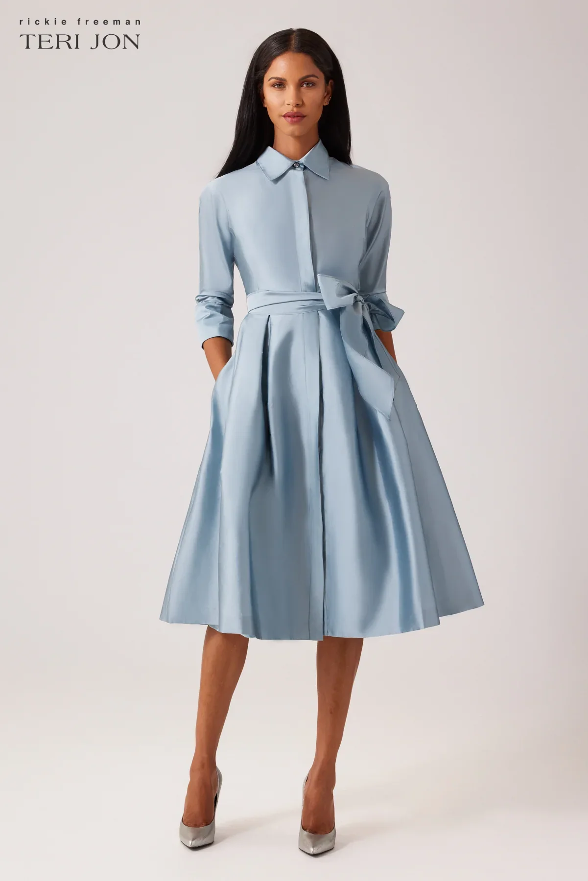 Teri Jon 3/4 Sleeve Belted Taffeta Shirtdress 69224 - Image 9