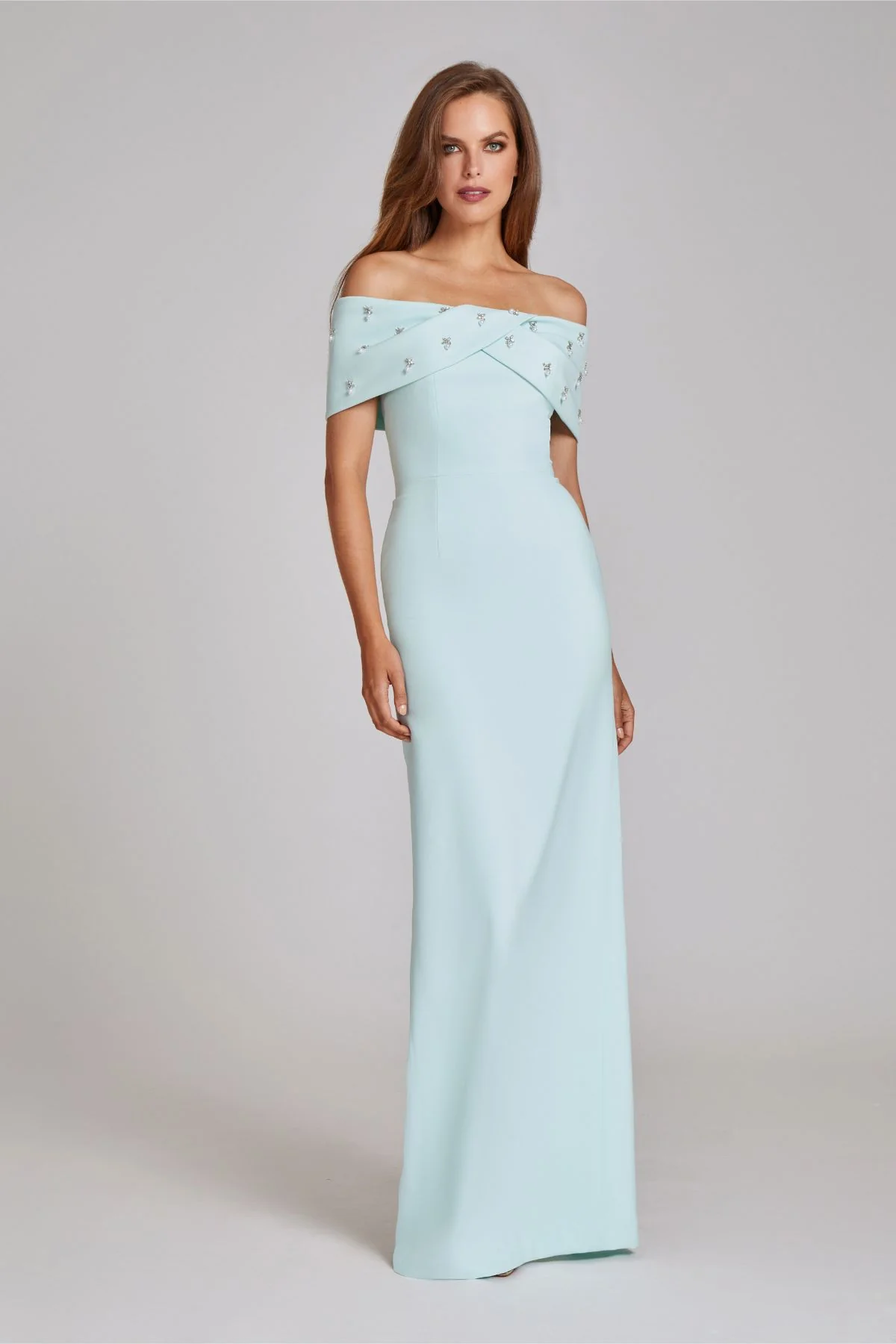 Teri Jon Crepe Off The Shoulder Jewel Trim Portrait Column Gown 239069 - Image 2