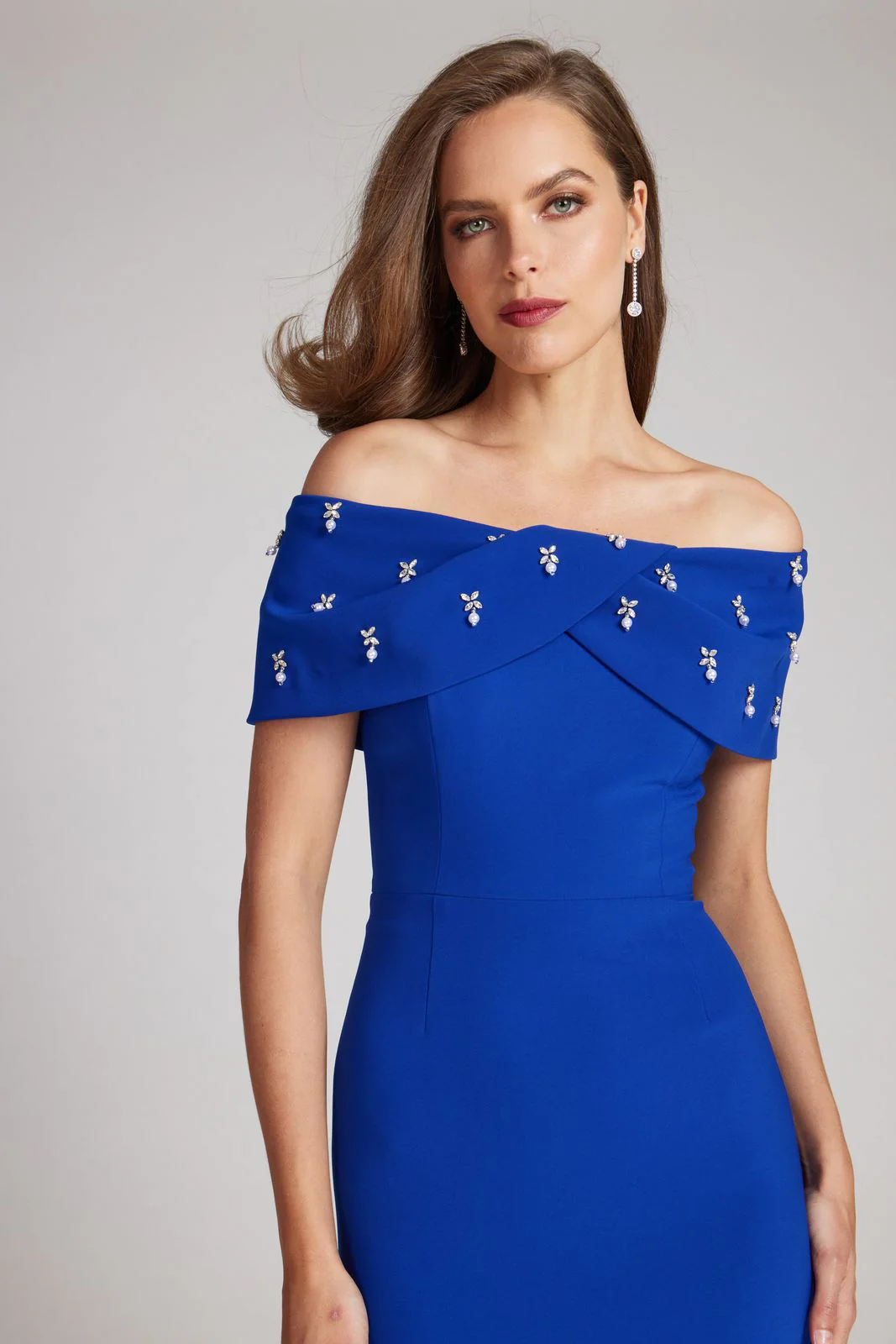 Teri Jon Crepe Off The Shoulder Jewel Trim Portrait Column Gown 239069 - Image 5