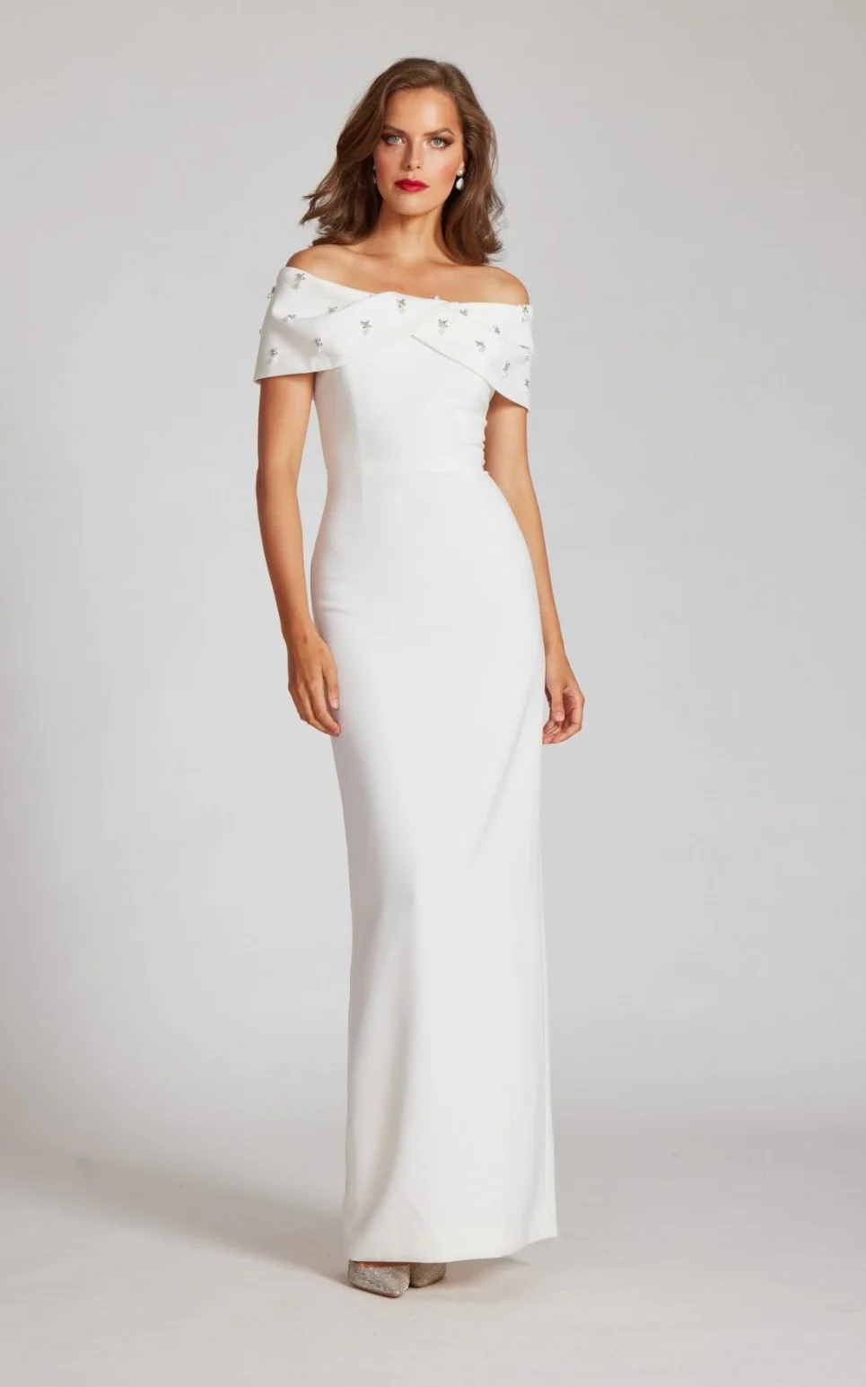 Teri Jon Crepe Off The Shoulder Jewel Trim Portrait Column Gown 239069 - Image 6