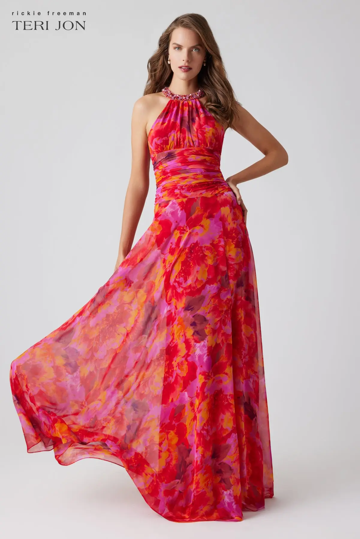 Teri Jon Floral Chiffon Beaded Halter Maxi Dress 256019