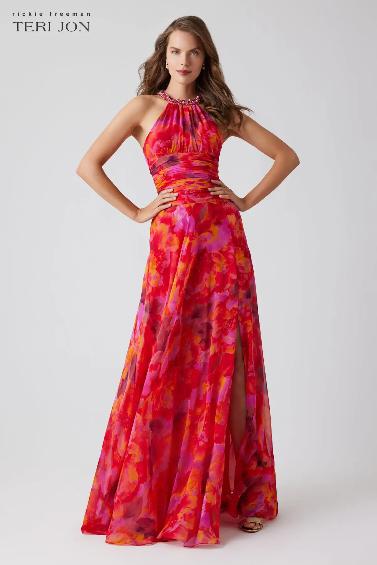 Teri Jon Floral Chiffon Beaded Halter Maxi Dress 256019 - Image 2