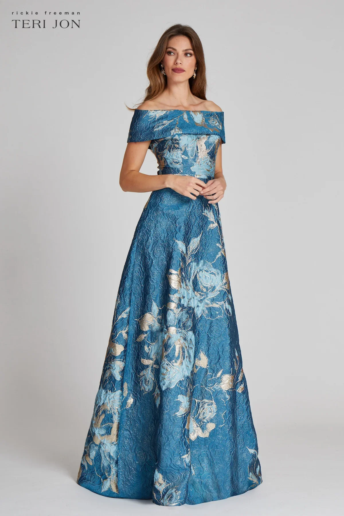 Teri Jon Floral Jacquard Off the Shoulder Gown 217048 - Image 4
