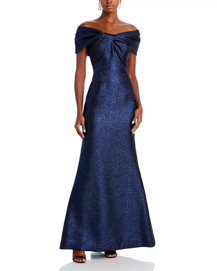 Teri Jon Jacquard Twist Bodice Off Shoulder Evening Dress 239042 - Image 13
