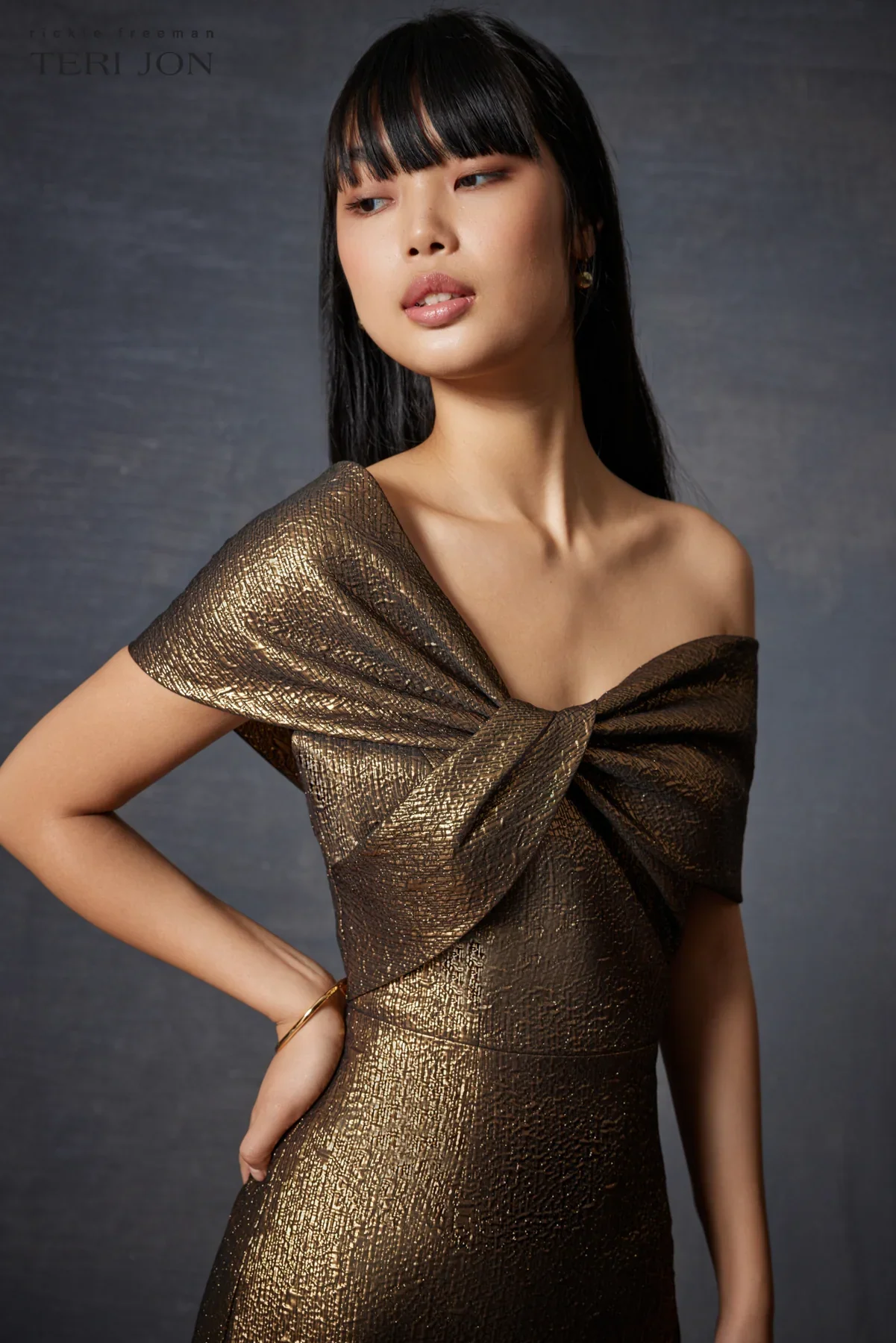 Teri Jon Jacquard Twist Bodice Off Shoulder Evening Dress 239042 - Image 8