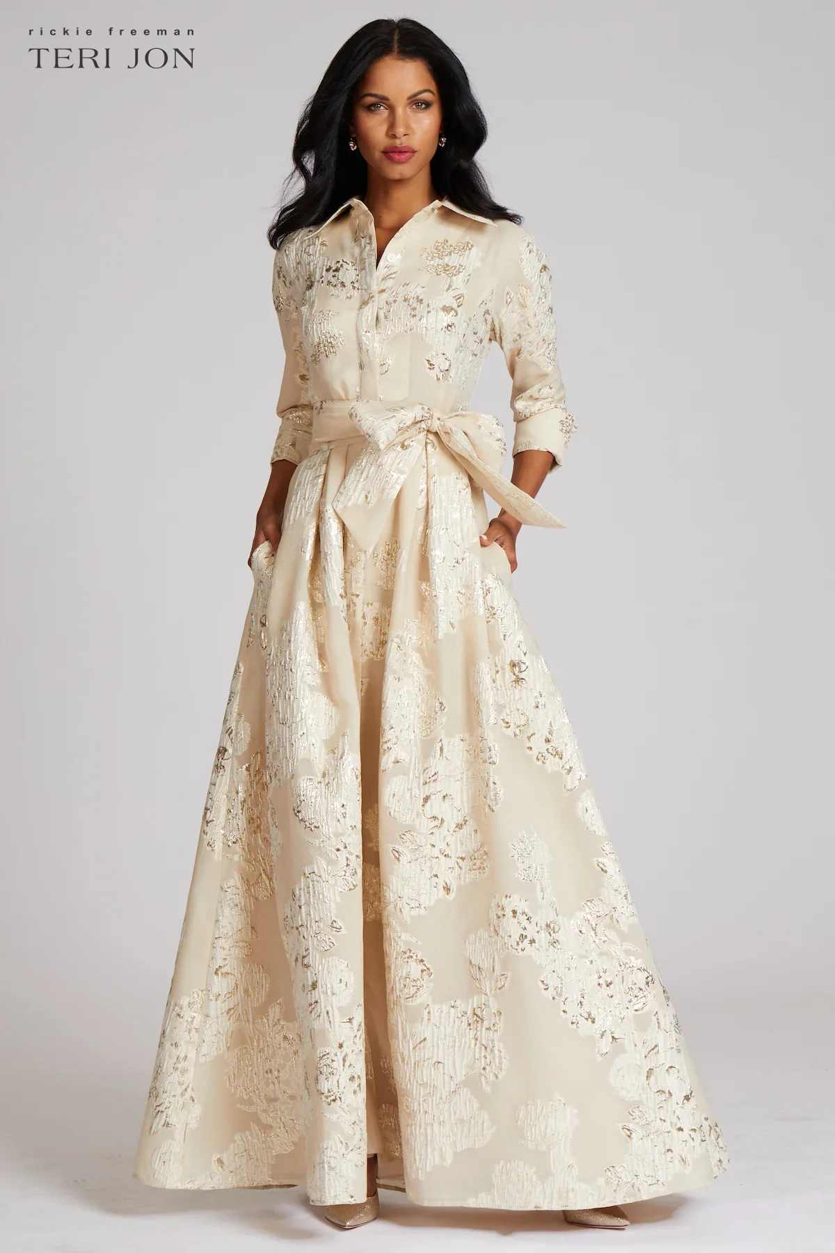 Teri Jon Metallic Jacquard Shirtdress Evening Gown 207015 - Image 6