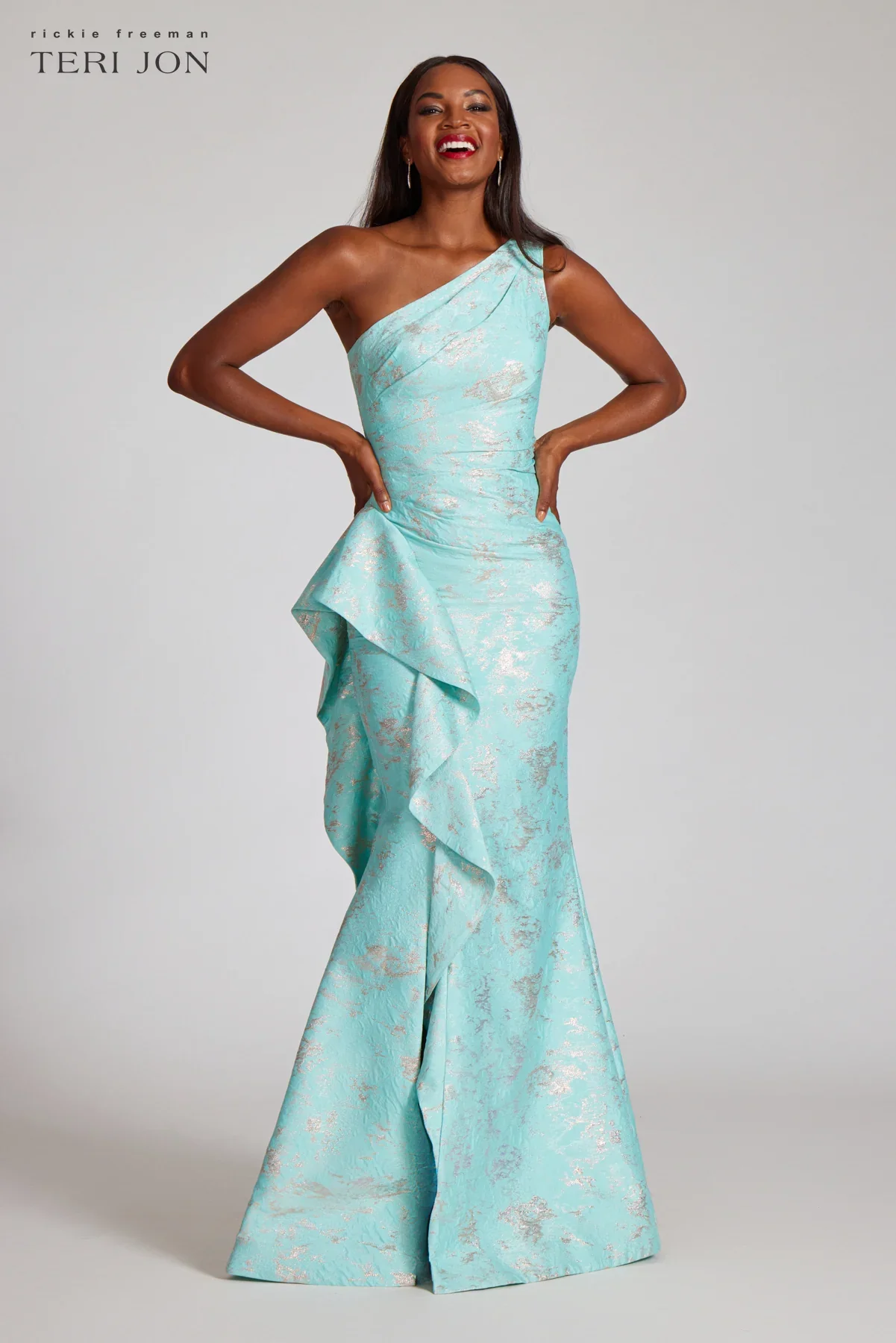 Teri Jon One Shoulder Jacquard Evening Dress 209064 - Image 12