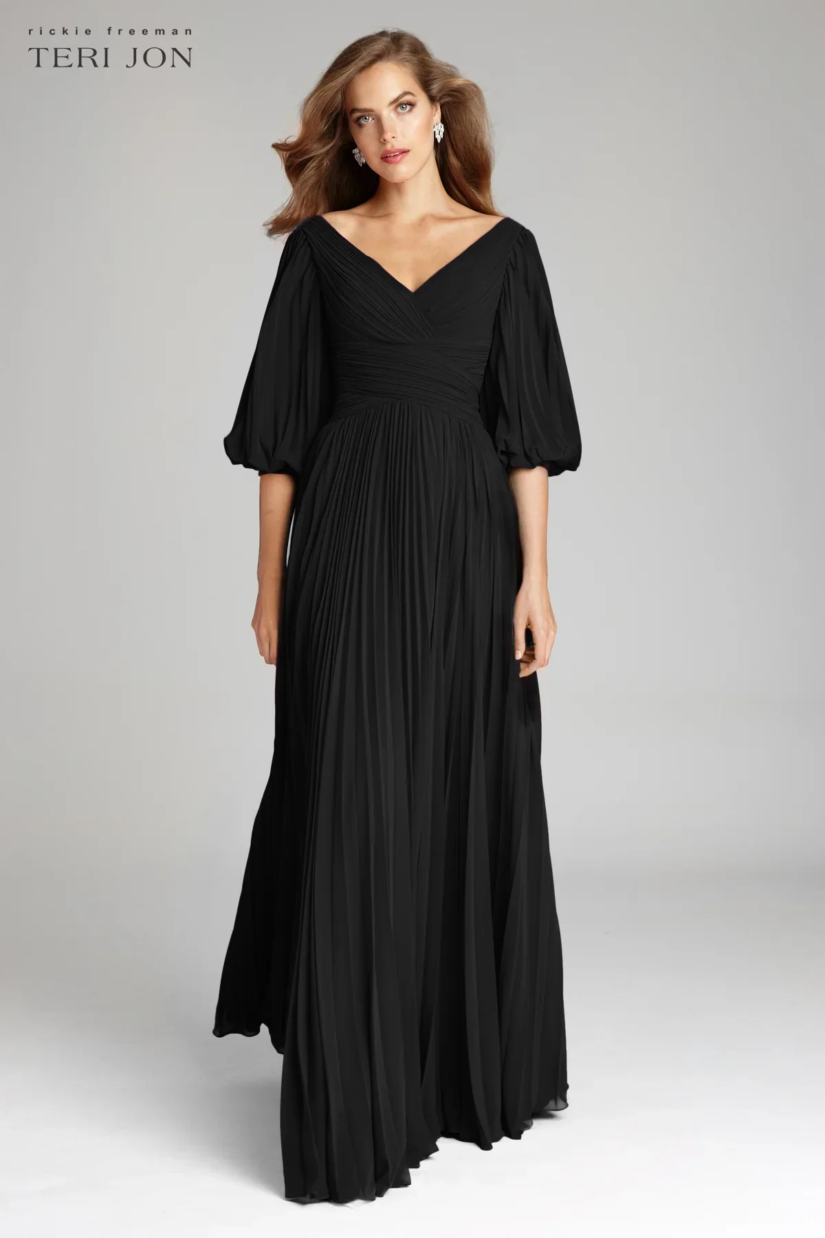 Teri Jon Pleated Chiffon Puff Sleeve Evening Dress 209098 - Image 2