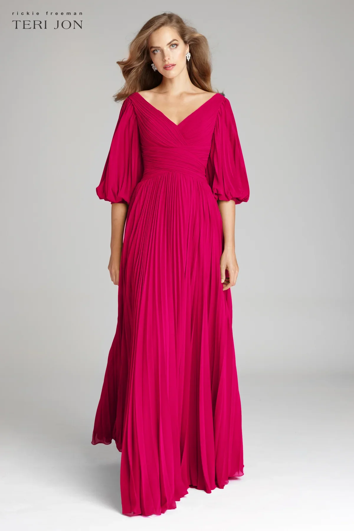 Teri Jon Pleated Chiffon Puff Sleeve Evening Dress 209098 - Image 4
