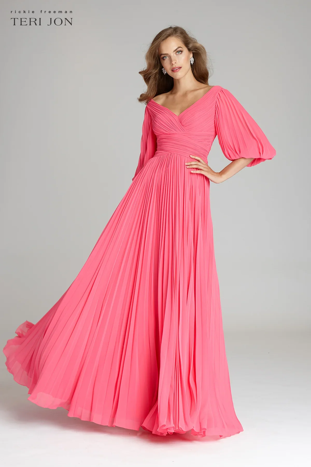 Teri Jon Pleated Chiffon Puff Sleeve Evening Dress 209098 - Image 5