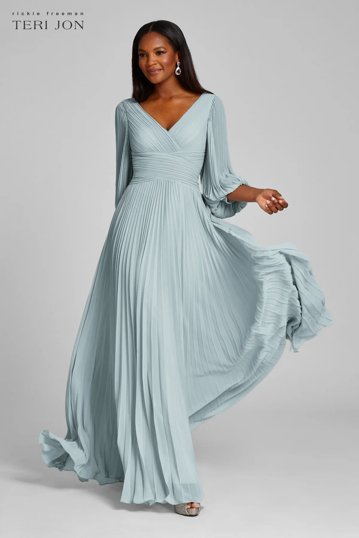 Teri Jon Pleated Chiffon Puff Sleeve Evening Dress 209098 - Image 9