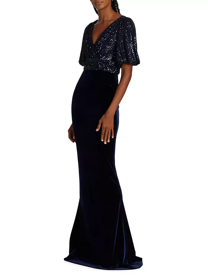Teri Jon Velvet Sequined Short-Sleeve Gown 227300 - Image 2