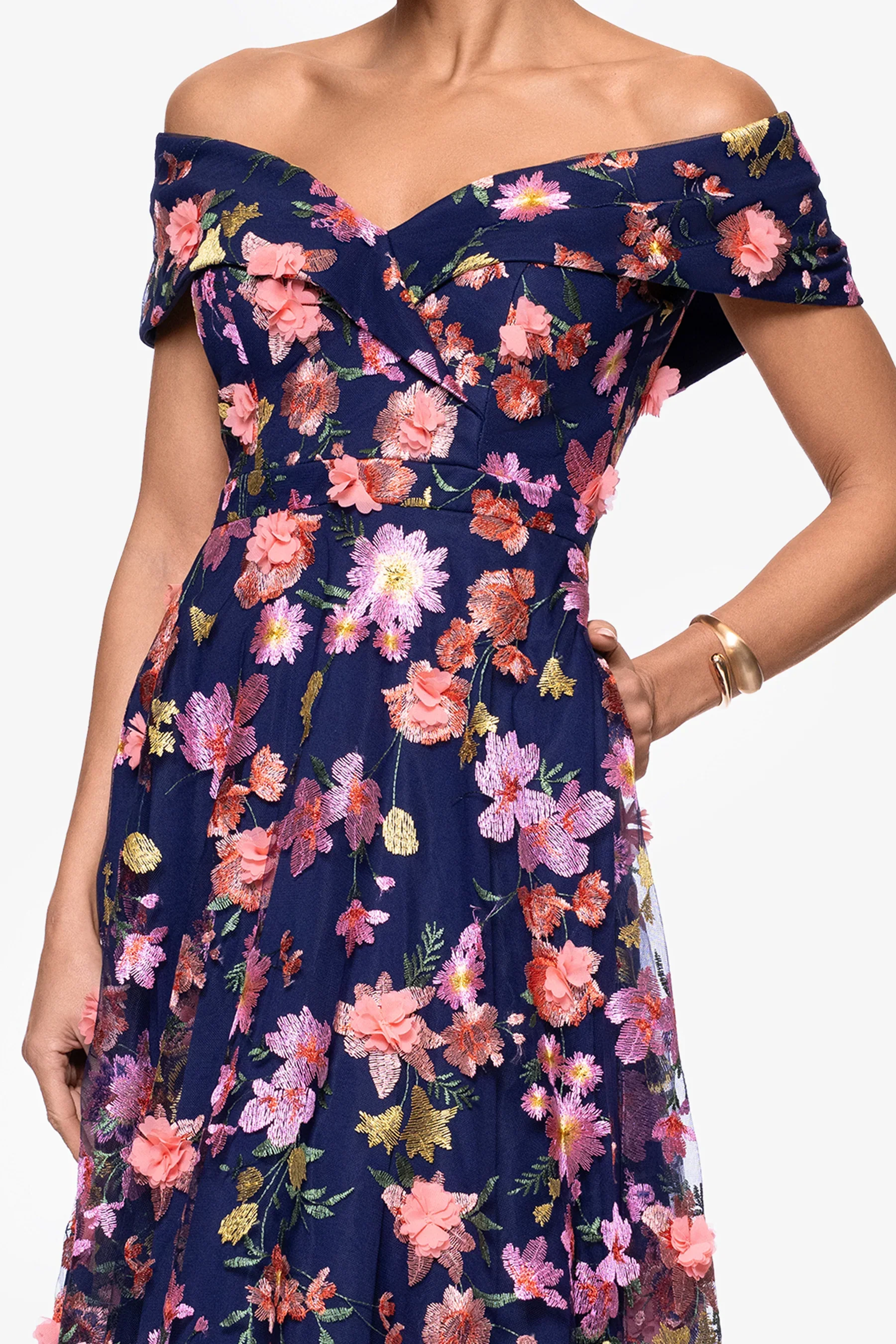 Xscape Evenings "Daniela" 3D Floral Embellished Off the Shoulder Midi Dress 6815X - Image 2