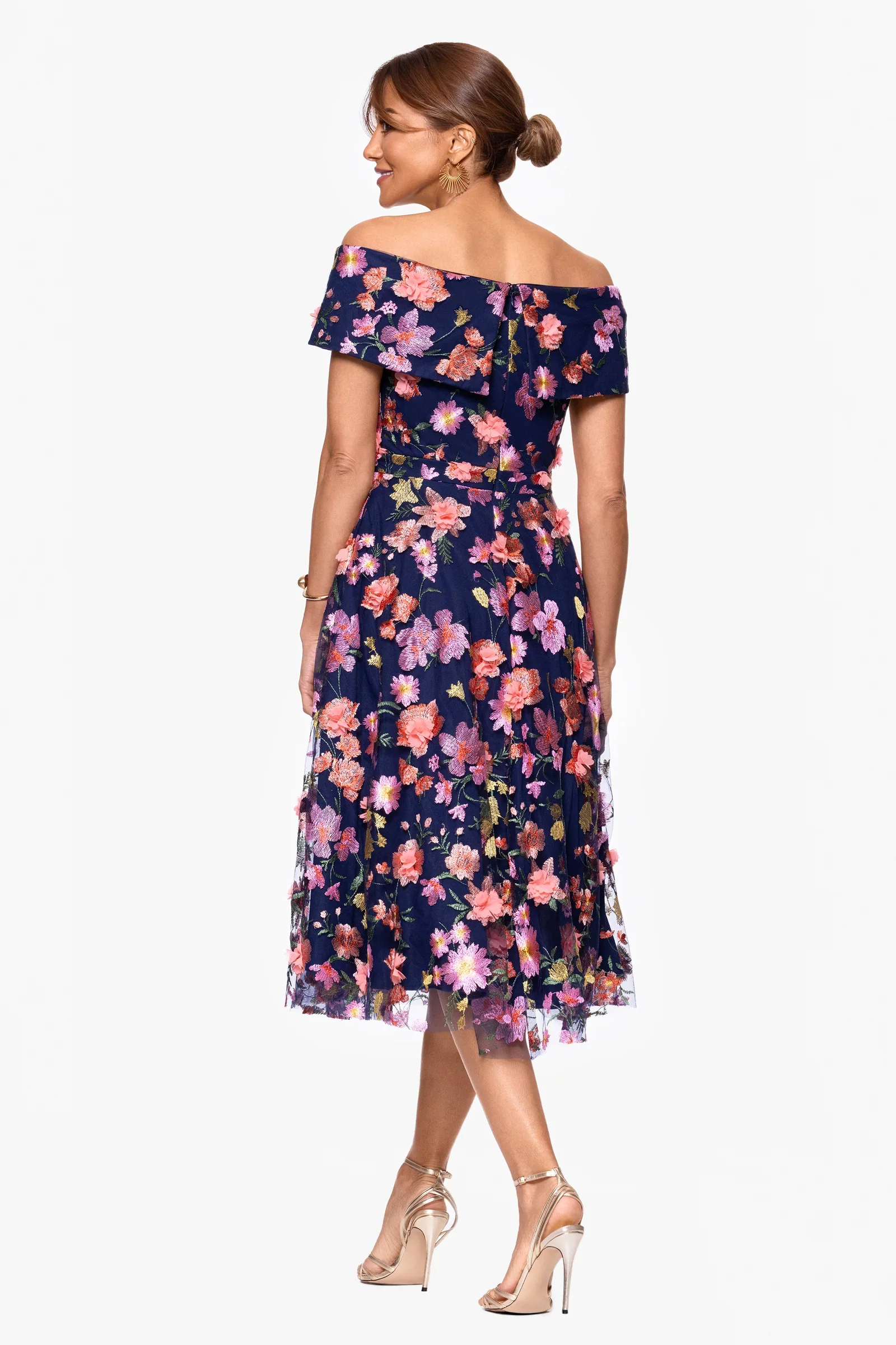 Xscape Evenings "Daniela" 3D Floral Embellished Off the Shoulder Midi Dress 6815X - Image 3