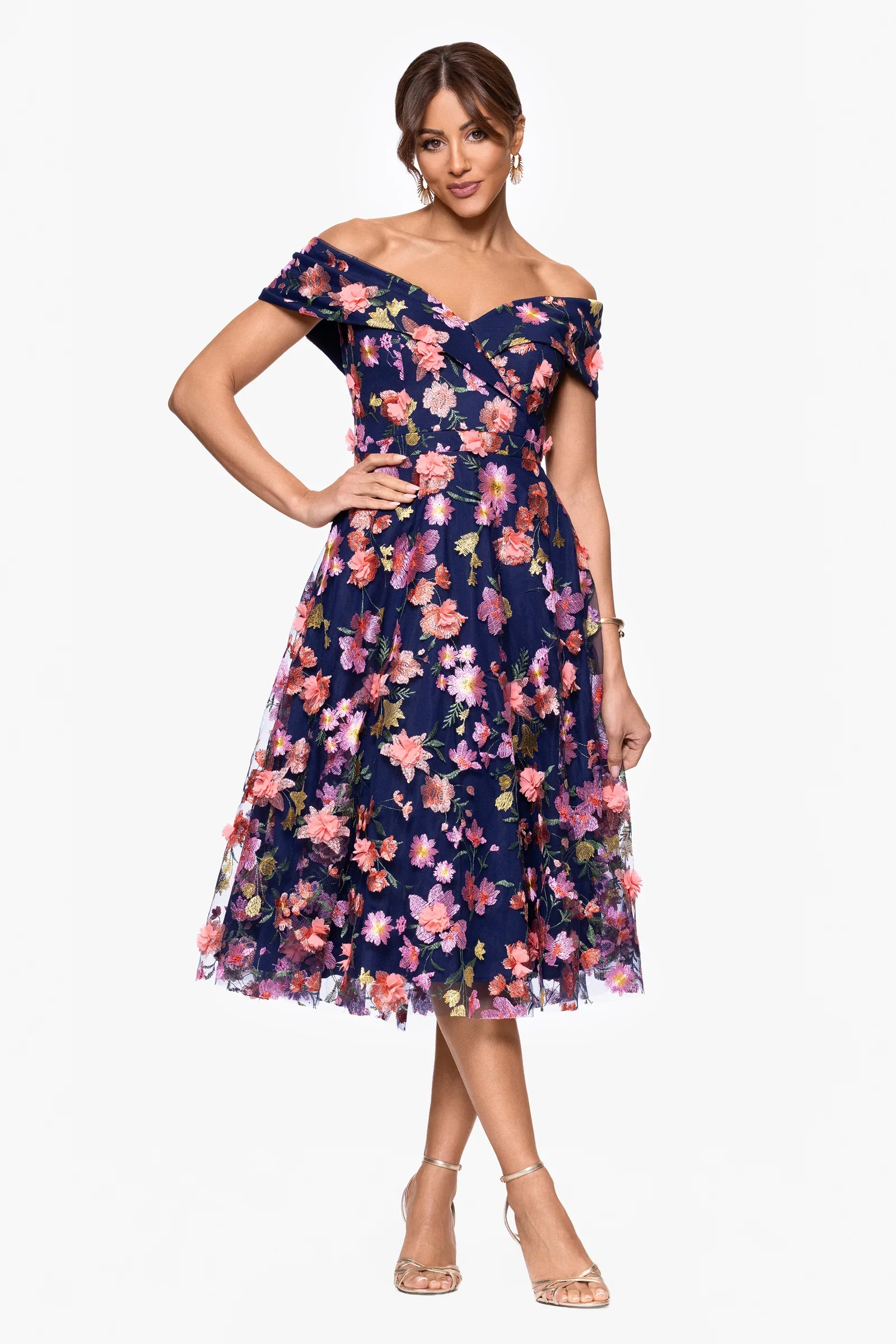 Xscape Evenings "Daniela" 3D Floral Embellished Off the Shoulder Midi Dress 6815X - Image 4