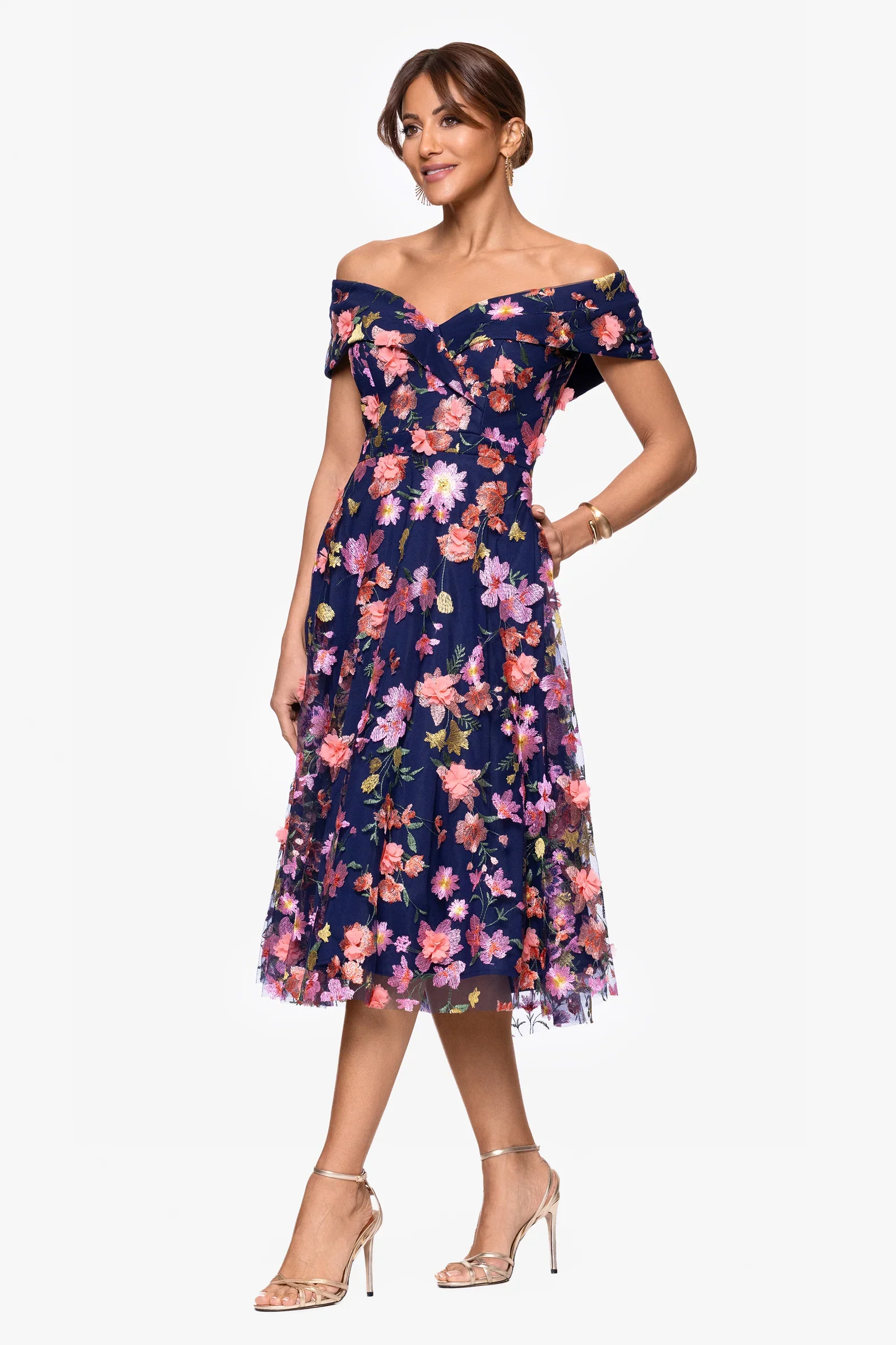 Xscape Evenings "Daniela" 3D Floral Embellished Off the Shoulder Midi Dress 6815X - Image 5