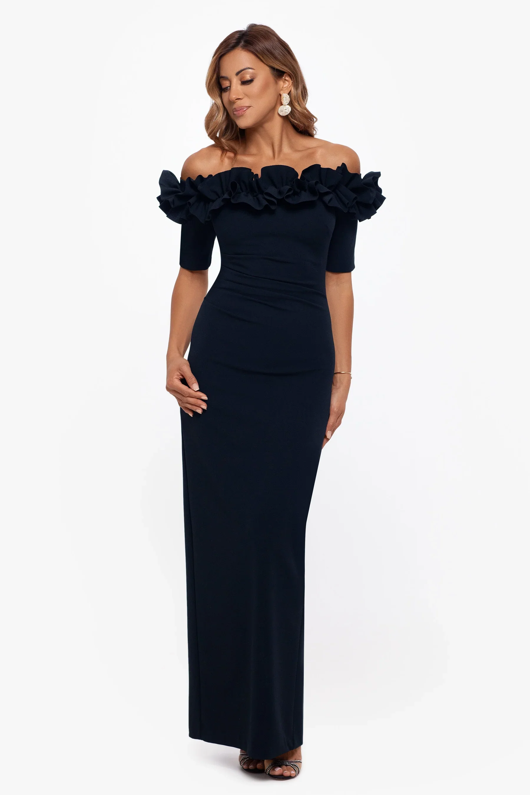Xscape Evenings "Isla" Long Crepe Off the Shoulder Ruffle Dress 3856X