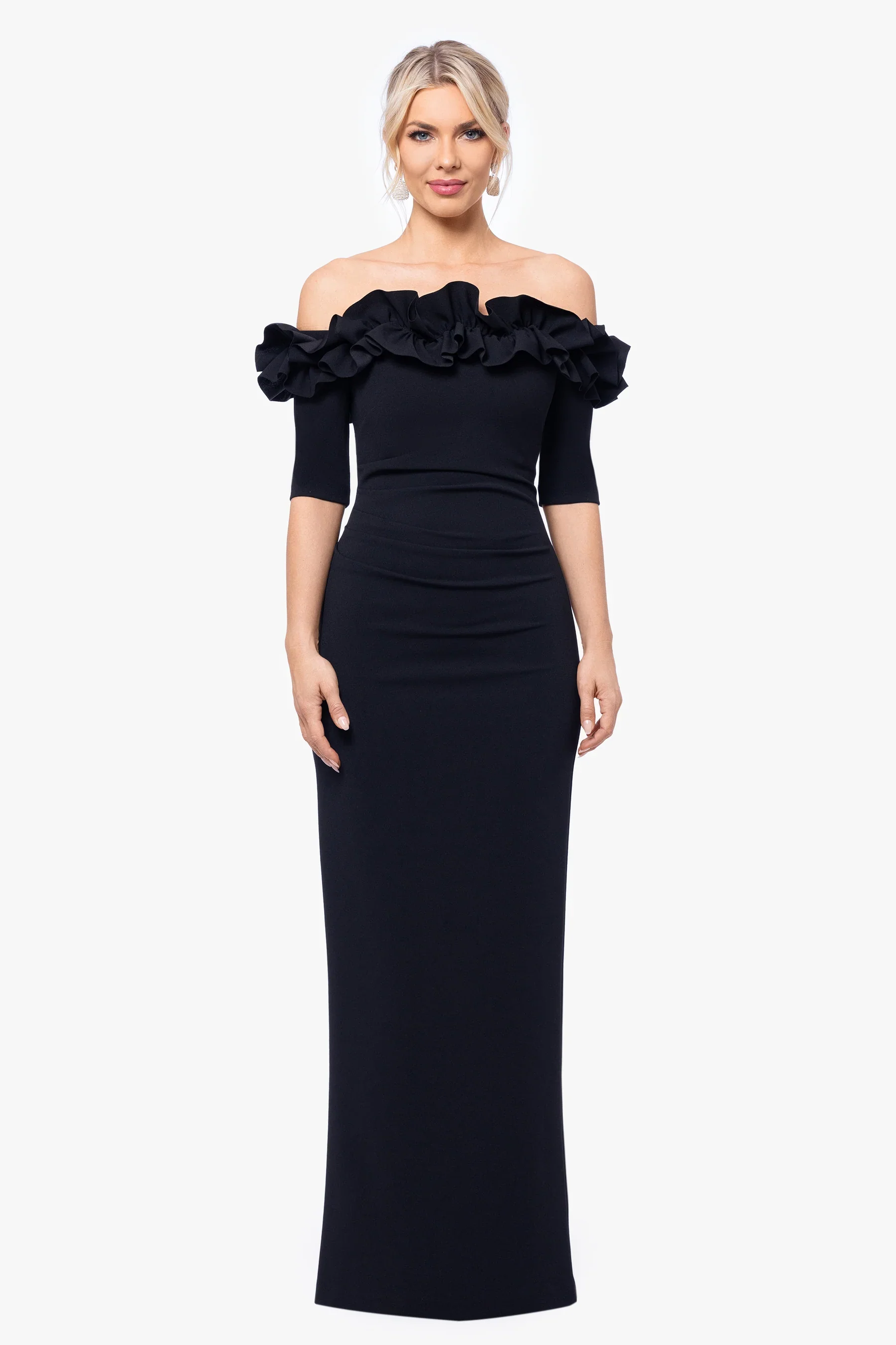 Xscape Evenings "Isla" Long Crepe Off the Shoulder Ruffle Dress 3856X - Image 5