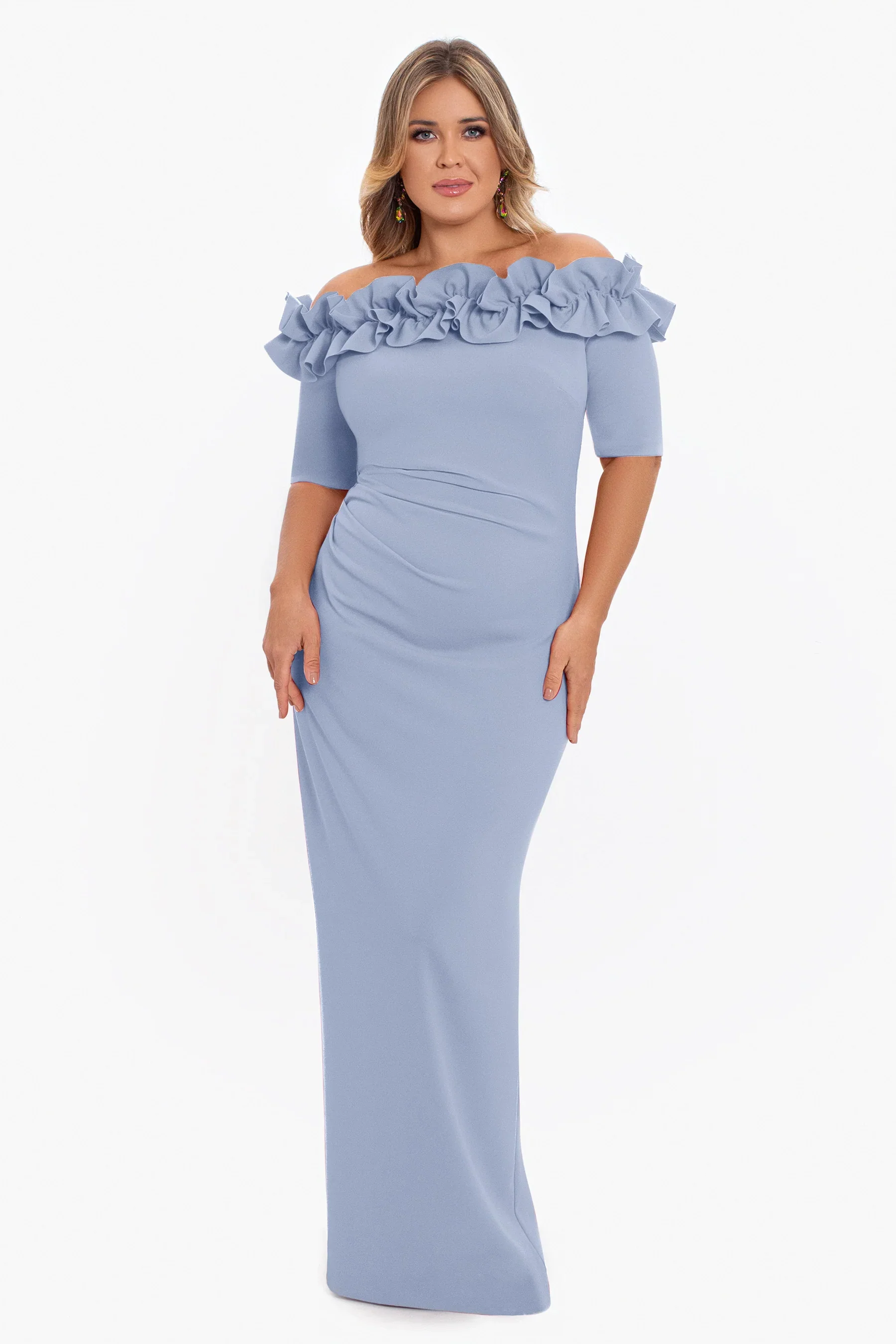 Xscape Evenings "Isla" Long Crepe Off the Shoulder Ruffle Dress 3856X - Image 8