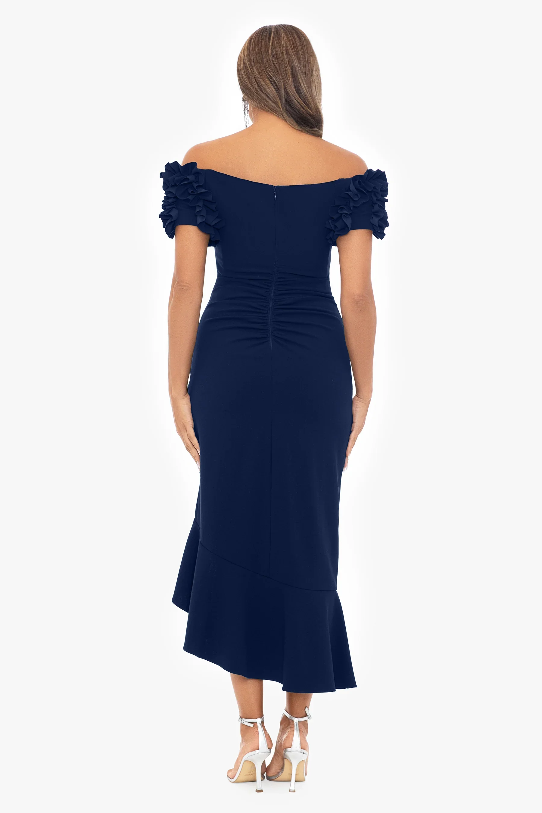 Xscape Evenings "Loretta" Scuba Crepe Off the Shoulder Ruffle Sleeve Midi Dress 5997X - Image 5