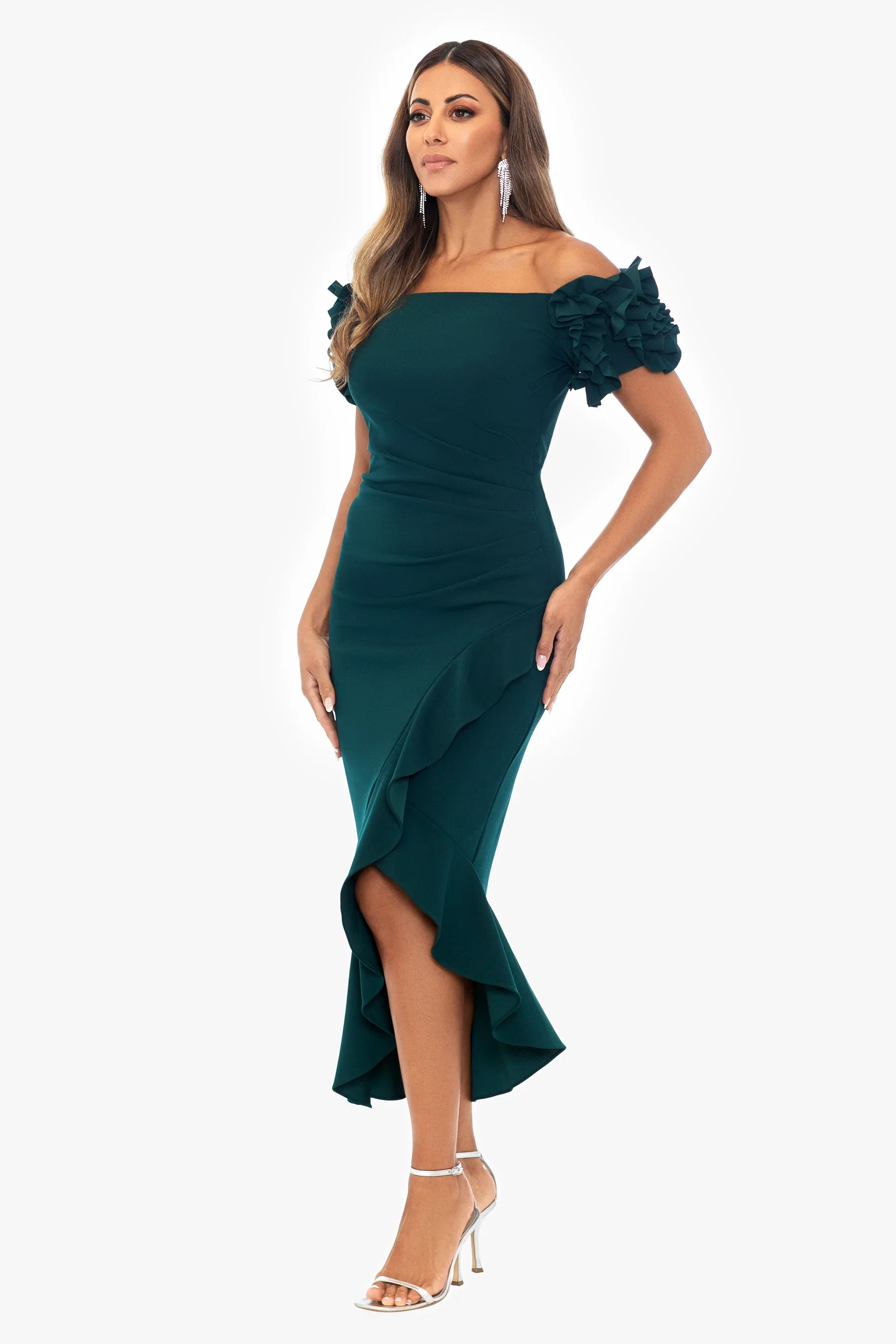 Xscape Evenings "Loretta" Scuba Crepe Off the Shoulder Ruffle Sleeve Midi Dress 5997X - Image 8