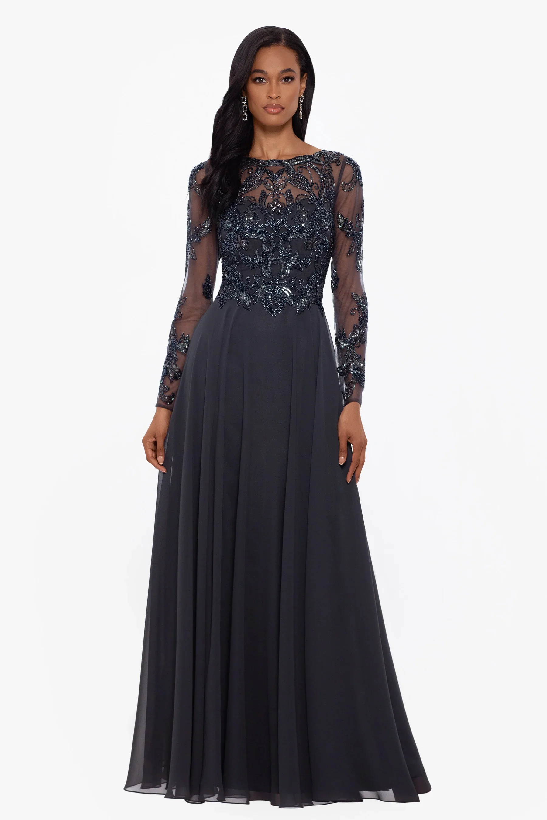 Xscape Evenings "Mason" Long Sleeve Beaded Chiffon Evening Dress 3174X - Image 4