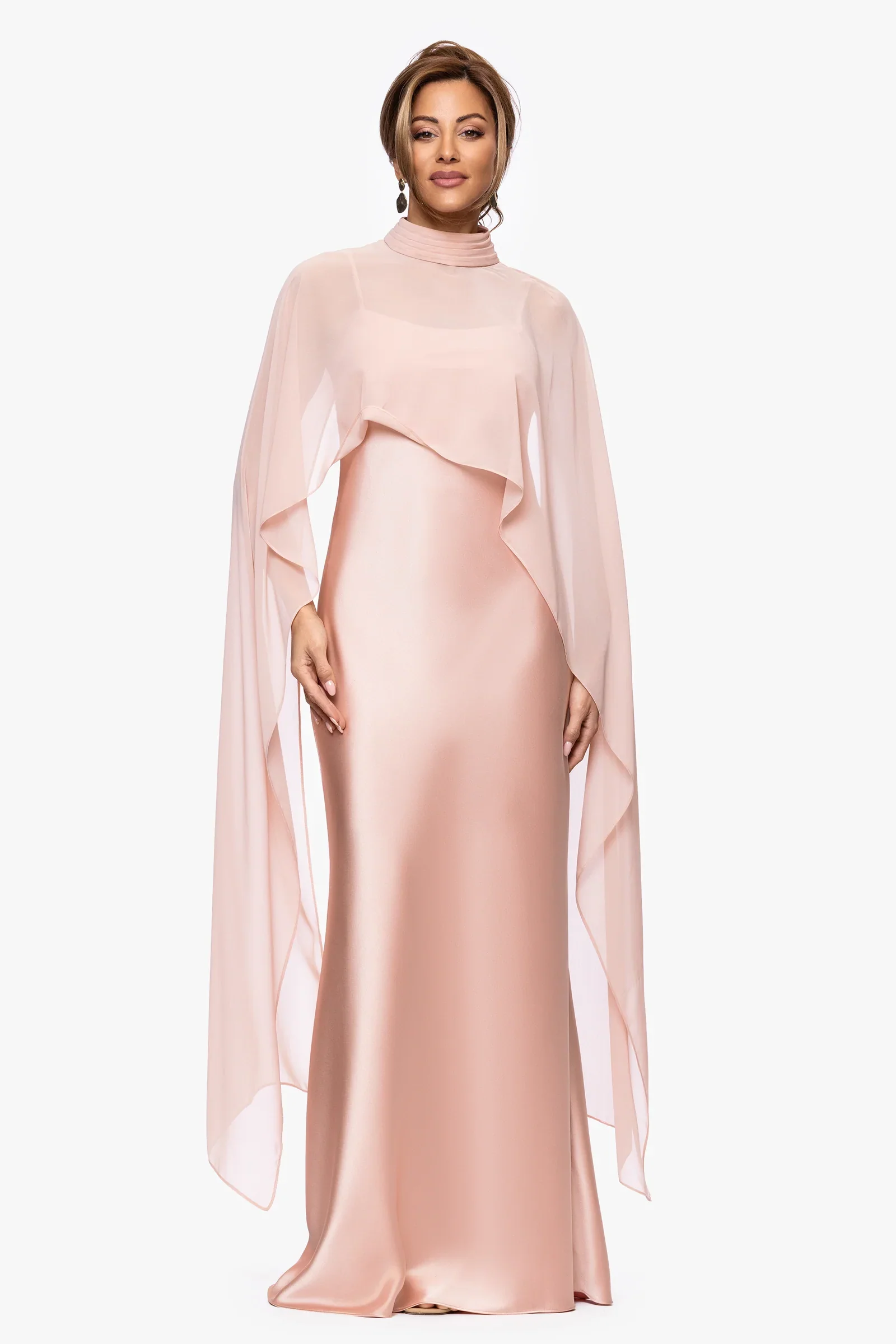 Xscape Evenings Satin Long Dress with Removable Shawl 7521X
